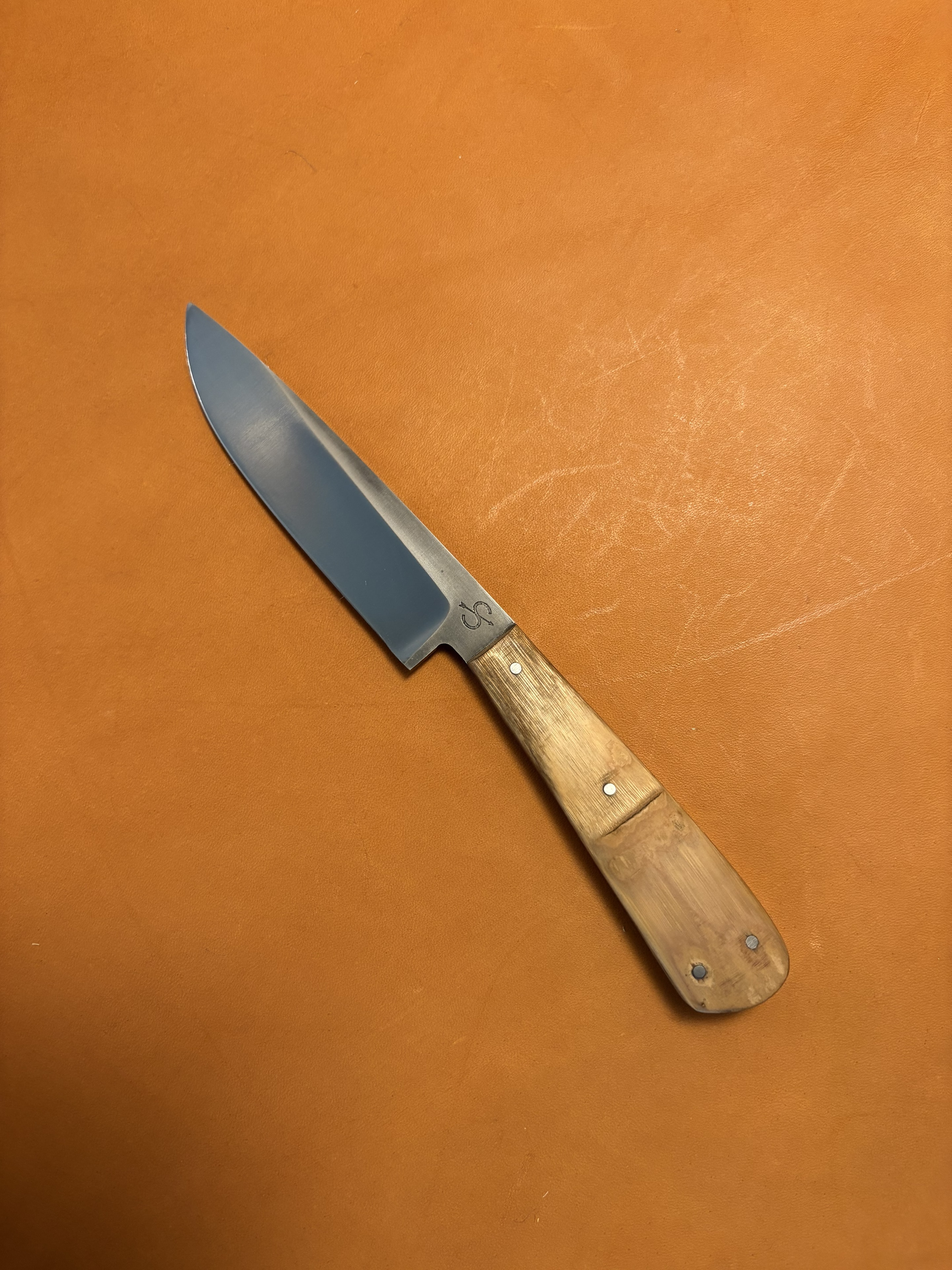 Camp kitchen knife with wooden handle